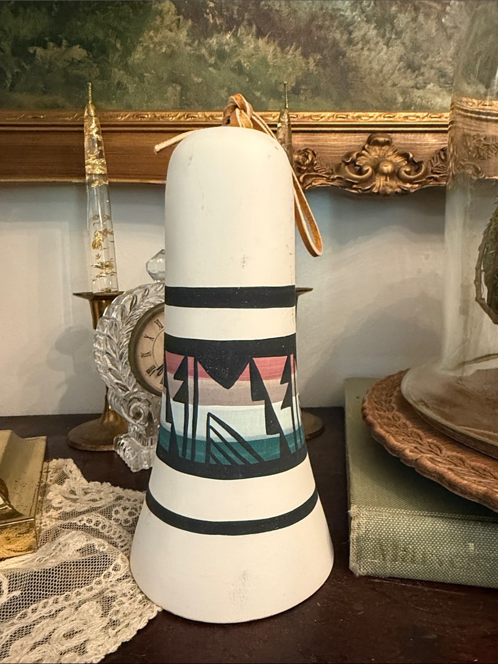 Hand-Painted Southwestern Accent Bell in Cream with Teal and Coral